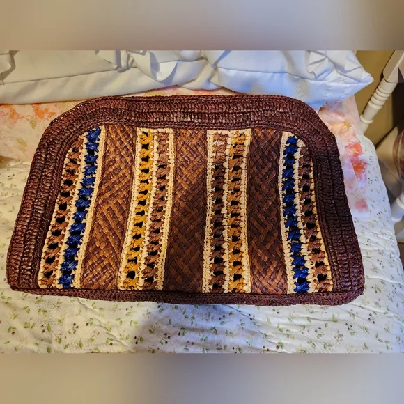 Sezane Raffia Clutch Bag In Brown, Ecru, & Blue - Picture 1 of 7